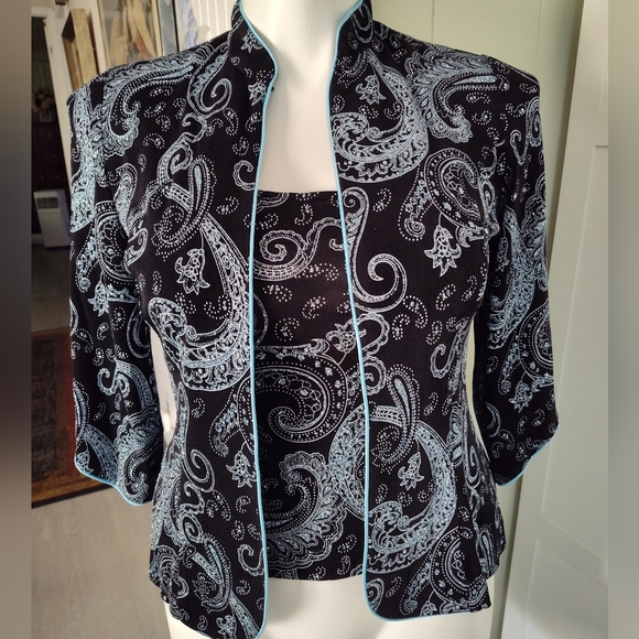 Alex Evenings Size Small 8-10 Turquoise Black Sparkly Jacket And Cami Set Vtg - Picture 1 of 12